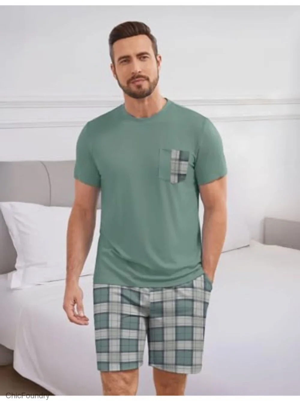 Cotton Blend Plaid Short Sleeve Pajama Set with Shorts 2 Piece Lounge Set